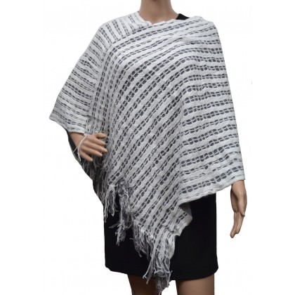 Poncho franges double rectangles blanc/gris