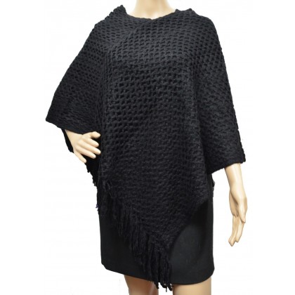 Poncho franges double rectangles noir