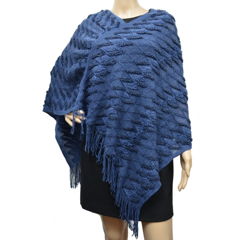 Poncho tricot zig zag bleu