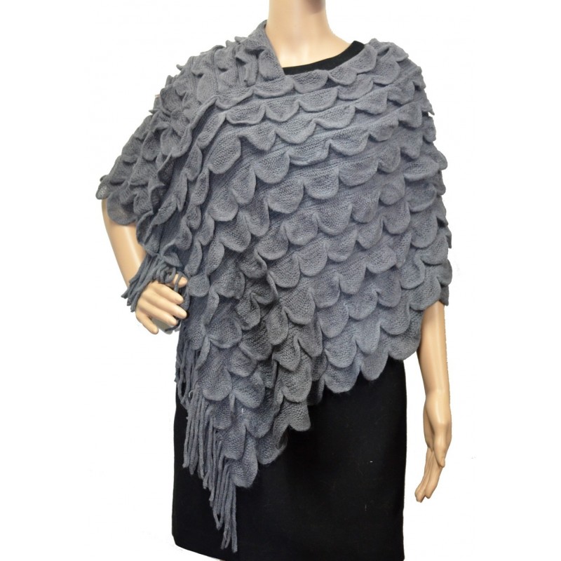 Poncho uni à franges gris