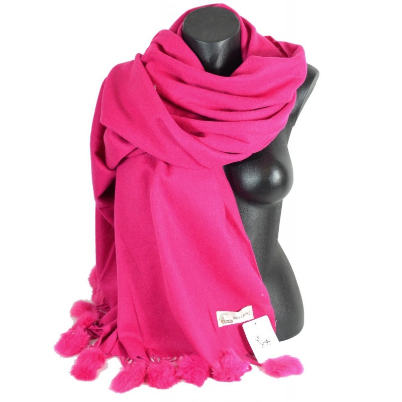 Etole laine avec pompon en lapin rose fuschia