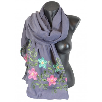 Echarpe pashmina grise brodée fleur