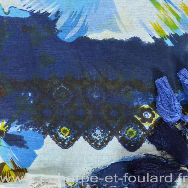 Cheche coton pompons fleurs bleu d'eau