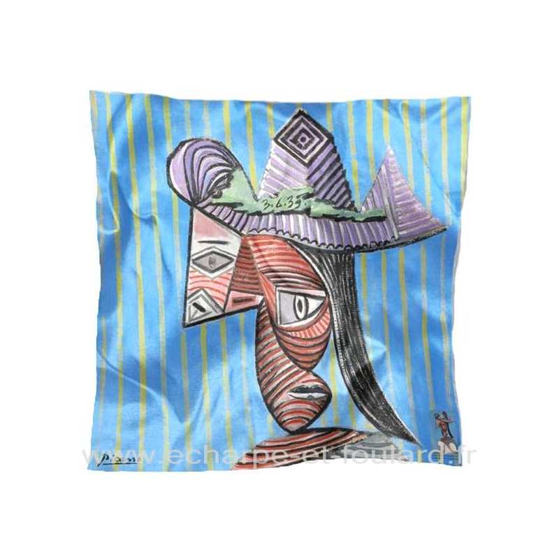Foulard en soie Picasso, Buste de femme au chapeau rayé