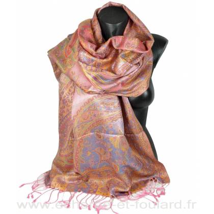 Etole en soie indienne motif cachemire rose et jaune