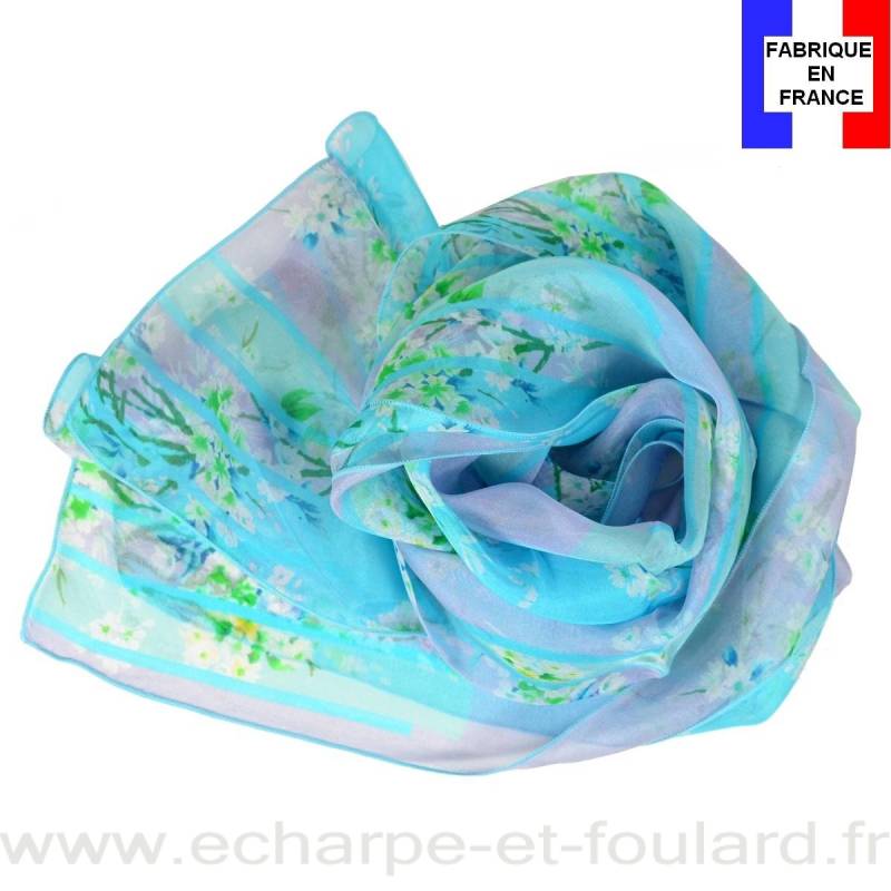 Echarpe de soie bleue à fleurs fabriquée en France
