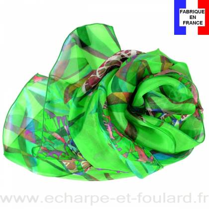 Echarpe de soie pivoine verte fabriquée en France