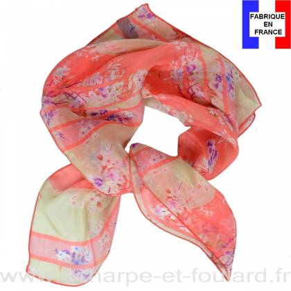 Carré de soie rose petites fleurs fabriqué en France