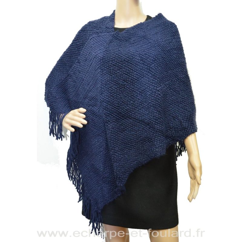 Poncho tricot à franges bleu