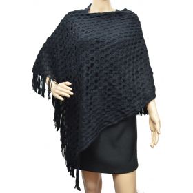 Poncho troué à franges noir