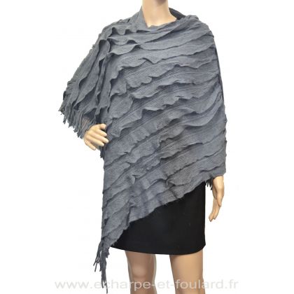 Grand poncho tricot à franges gris
