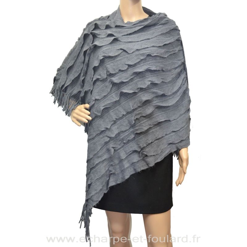 Grand poncho tricot à franges gris