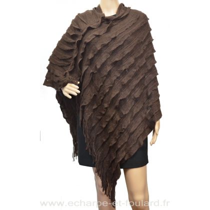 Grand poncho tricot à franges marron