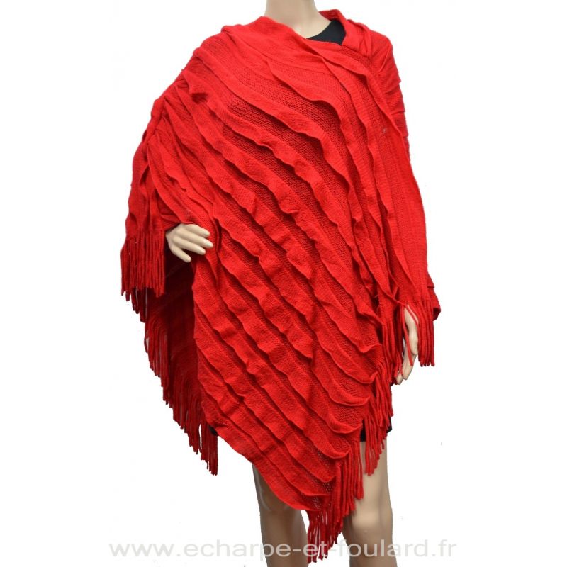 Grand poncho tricot à franges rouge