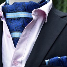 Foulard ascot et pochette bleu paisley et rayures