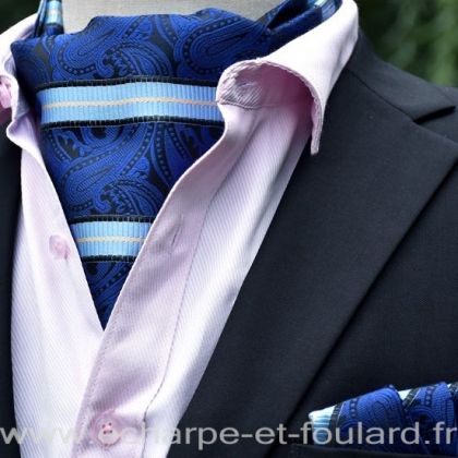 Foulard ascot et pochette bleu paisley et rayures