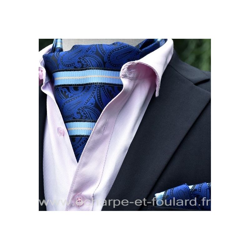 Foulard ascot et pochette bleu paisley et rayures