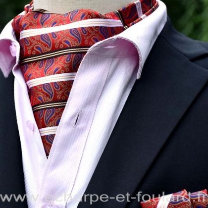 Cravate Ascot Rouge & Noir Paisley Foulard Assorti Mouchoir. 