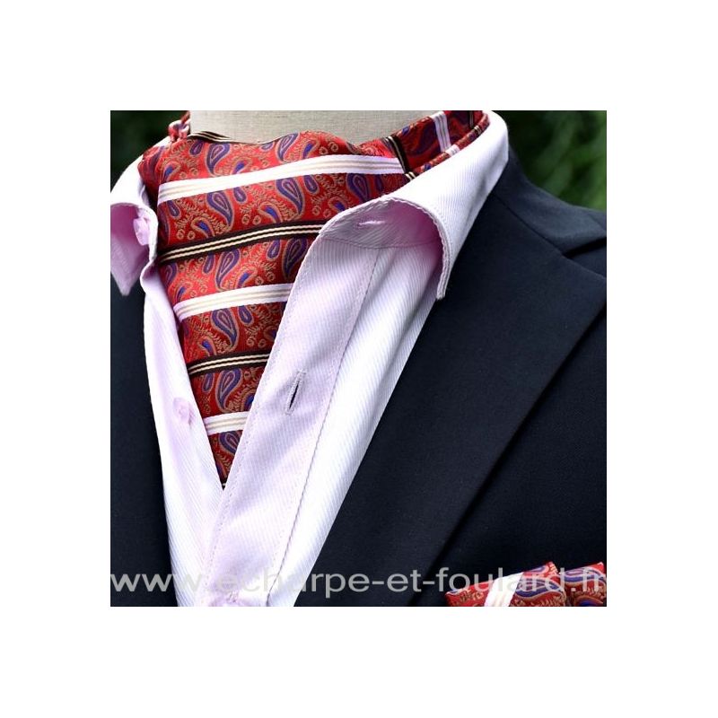 Foulard ascot et pochette rouge paisley et rayures