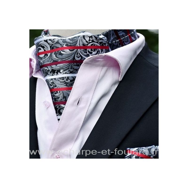 Foulard ascot et pochette gris et rouge