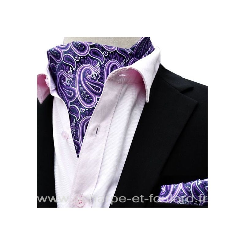 Foulard ascot et pochette violet et blanc