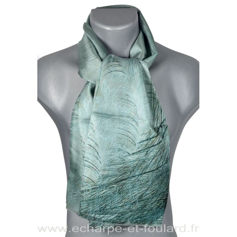 Echarpe soie homme "plumes" vert d'eau