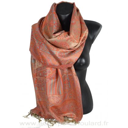 Etole soie indienne beige rouge motif cachemire