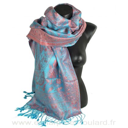 Etole soie indienne jacquard rose et turquoise