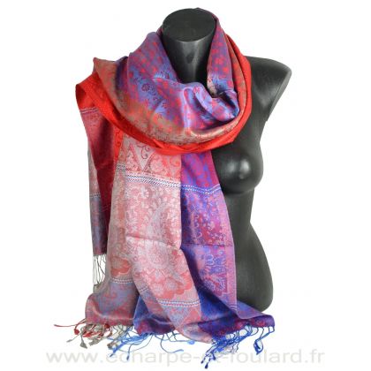 Etole soie indienne jacquard bleue et rouge