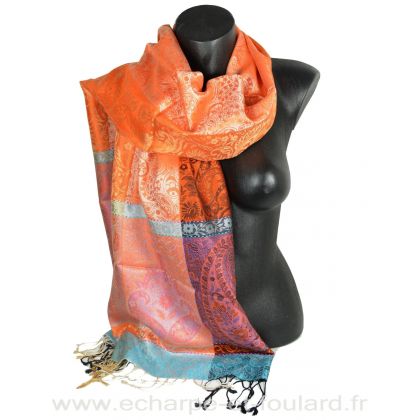 Etole soie indienne jacquard orange et bleu