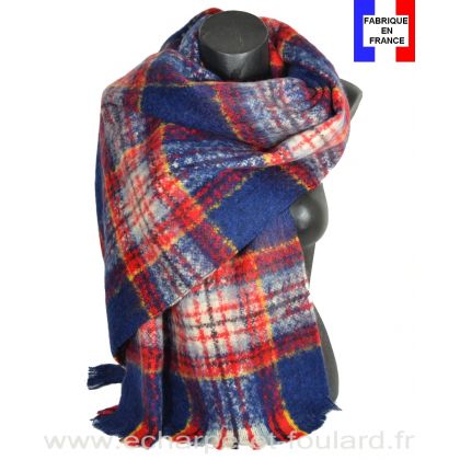 Châle mohair écossais bleu-rouge fabriqué en France