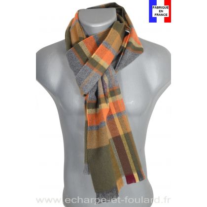 Echarpe tartan kaki-orange Hugo made in France