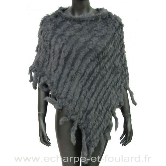 Poncho franges gris foncé en lapin