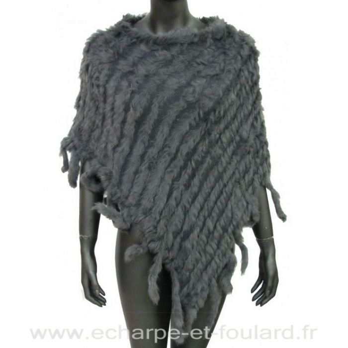 Poncho franges gris foncé en lapin