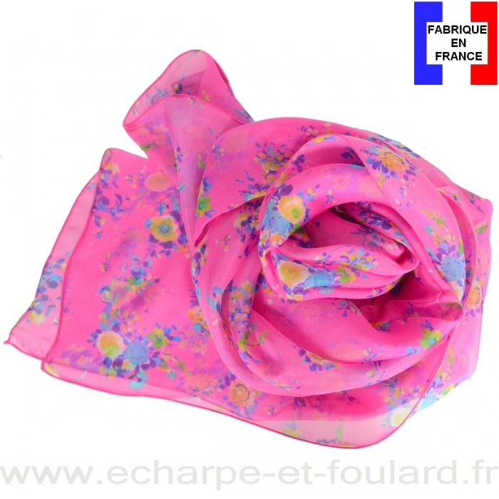 Foulard soie Bouquet rose fabriqué en France
