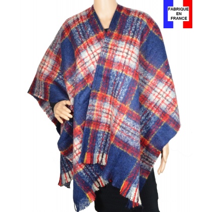 Poncho mohair ecossais bleu et rouge fabriqué en France