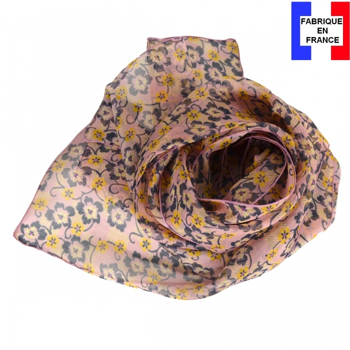 Foulard en soie Flowers rose poudré fabriqué en France