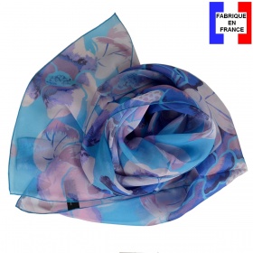 Foulard en soie pivoine bleu fabriqué en France