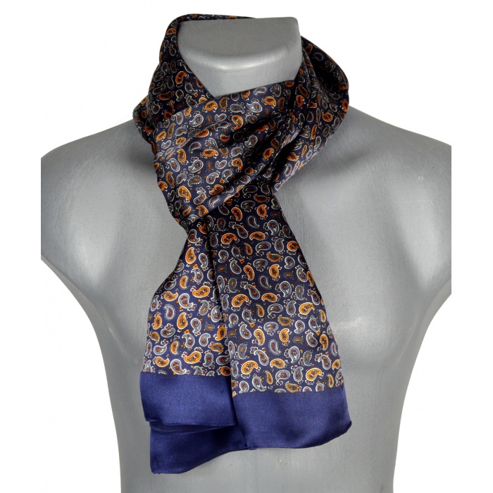 Foulard en soie homme paisley bleu orange