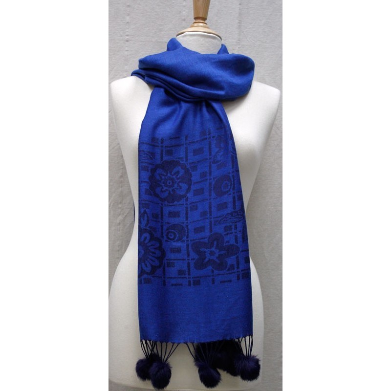 Echarpe pashmina bleue avec pompons en lapin 